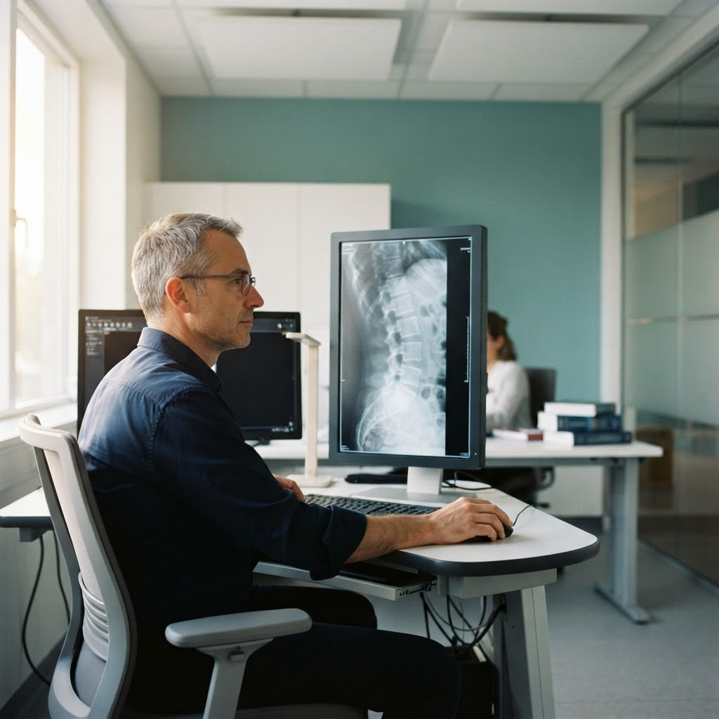 Spine x-ray displayed on a monitor in a diagnostic imaging room